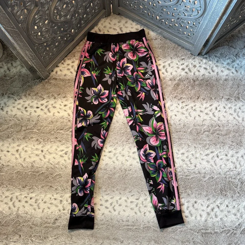 Adidas bright floral joggers girls size 14 sporty athletic activewear barbiecore